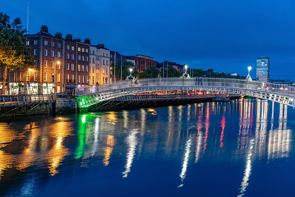 Ha Penny Bridge over the River Liffey at dusk in downtown Dublin-Ireland art print by Chuck Haney for $57.95 CAD